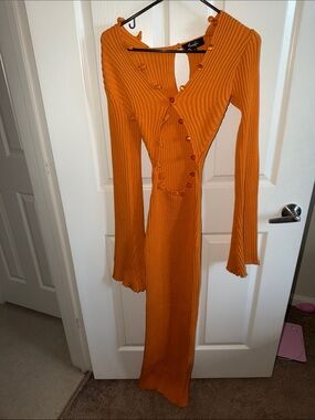 Hanifa Orange Ribbed Long-Sleeve Button-Detail Dress